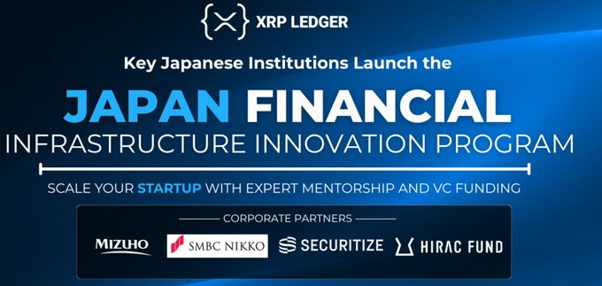 The image is a promotional graphic for the "Japan Financial Infrastructure Innovation Program," organized by XRP Ledger, highlighting corporate partners including Mizuho, SMBC Nikko Securities, Securitize, and Hirac Fund. It relates to the post by showcasing Mizuho as a key Japanese financial institution partnered with Ripple/XRP Ledger, contextualizing the bank's stance on the CLARITY Act within its broader involvement in blockchain and crypto initiatives in Japan.