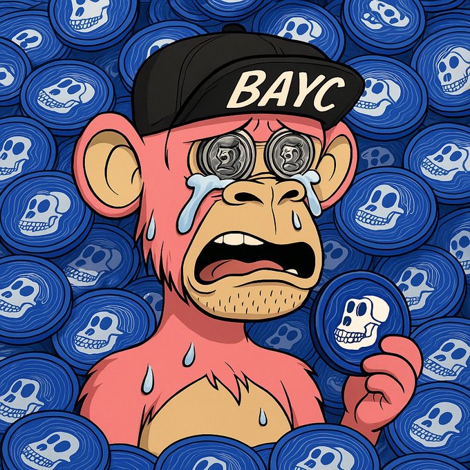 A cartoon illustration of a crying Bored Ape Yacht Club (BAYC) NFT character wearing a cap labeled 'BAYC', holding a coin with a skull design, surrounded by a background of similar skull coins.