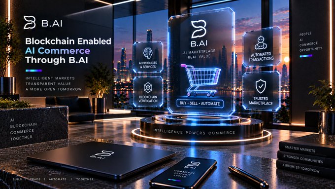 A promotional banner for 'B.AI - Blockchain Enabled AI Commerce Through B.AI' featuring holographic interface elements including AI marketplace, blockchain verification, automated transactions, and trusted marketplace features.