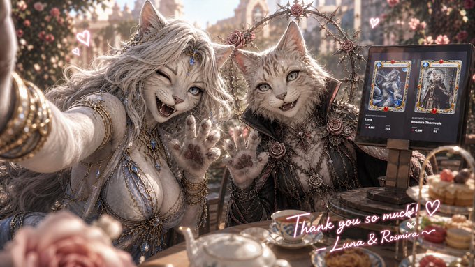 Two anthropomorphic feline characters named Luna and Rosmira pose joyfully at a tea party, with the text "Thank you so much! Luna & Rosmira~" displayed alongside. The image illustrates the post's mention of the ongoing "Heroes of Valdir" NFT voting, showcasing the whimsical cat-like characters that appear to be part of the ZarGates NFT collection.