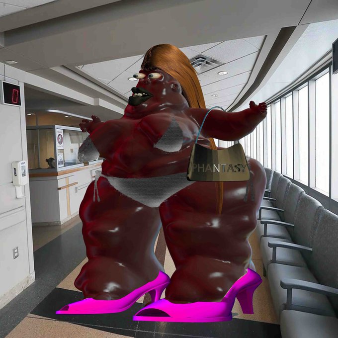 A surreal image of a bulky, dark red monstrous character wearing a bikini top and bright pink high heels, holding a 'PHANTASY' shopping bag in what looks like a hospital or office waiting area.