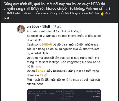 A Facebook post in Vietnamese about cryptocurrency, specifically warning against going all-in on NEAR coin after seeing shilling, mentioning FOMO, charting advice, and $BABY token, with a trading chart shown below.