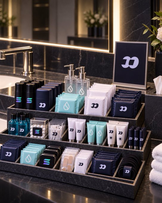An upscale hotel bathroom display featuring neatly arranged toiletries including soap, lotion, and amenities in a navy blue, teal, and white color scheme with a stylized 'D' logo.