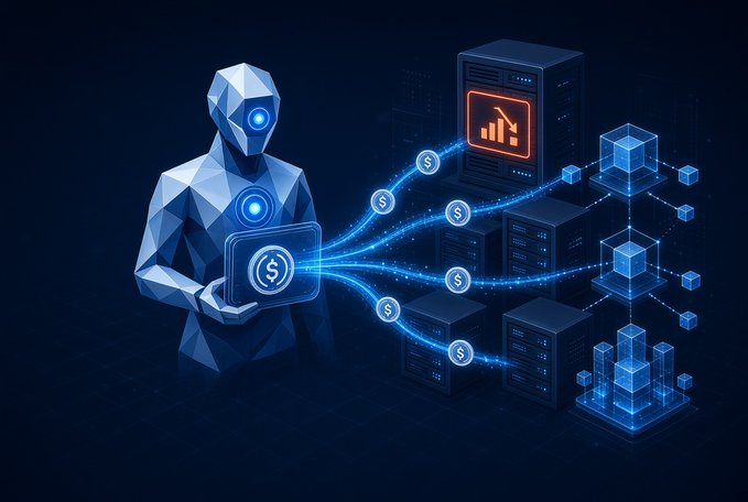 A futuristic digital illustration of a low-poly humanoid figure holding a device with dollar signs, connected by glowing blue data streams to server racks and blockchain cubes, symbolizing fintech or cryptocurrency.