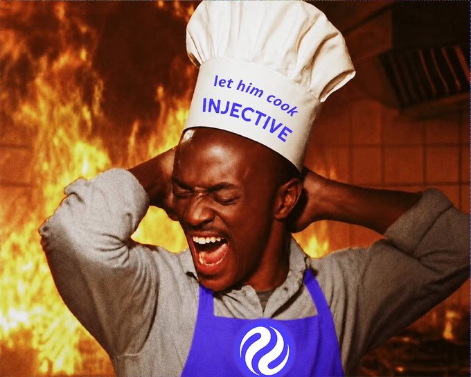 A meme of a chef screaming with hands on his head in front of a kitchen fire, wearing a hat reading "let him cook INJECTIVE" and an Injective-branded apron.