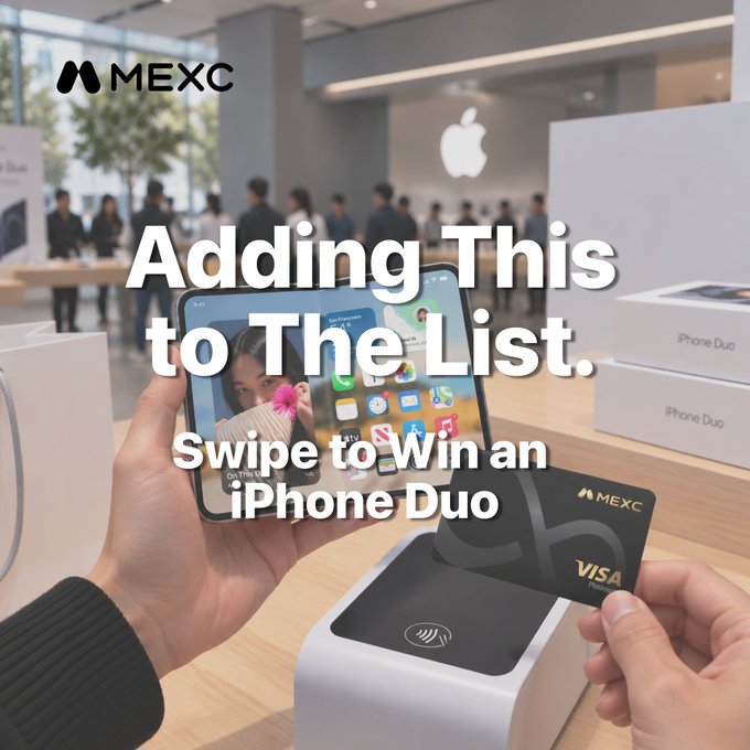 An advertisement for MEXC showing hands using a phone and a MEXC Visa card in an Apple Store, with text reading 'Adding This to The List. Swipe to Win an iPhone Duo'.