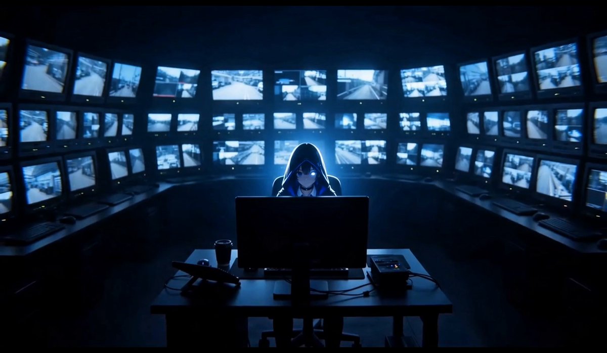 The image shows a person sitting at a desk with multiple monitors behind them, likely working as an intelligence officer or security professional. The person appears to be focused on their work, possibly monitoring surveillance screens for information gathering purposes. There are several other monitors in the background, indicating that this individual is involved in a high-stakes operation or surveillance project.