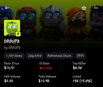 A screenshot of an NFT marketplace listing for 'DROUPZ' by DROUPZ, showing details like '1,000 items', 'July 2026', 'Robinhood Chain', 'Floor Price $12.51', and 'Total Volume $10.9K'.