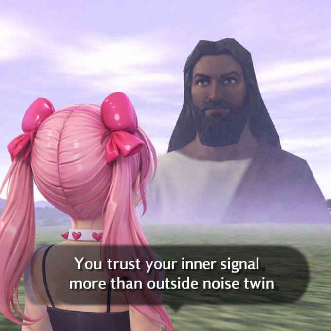 A pink-haired anime-style character looks up at a giant image of Jesus in the sky, with a speech bubble reading "You trust your inner signal more than outside noise twin" — humorously framing the crypto influencer as a meme-worthy "detective" guiding followers to trust their instincts over outside noise in memecoin trading.