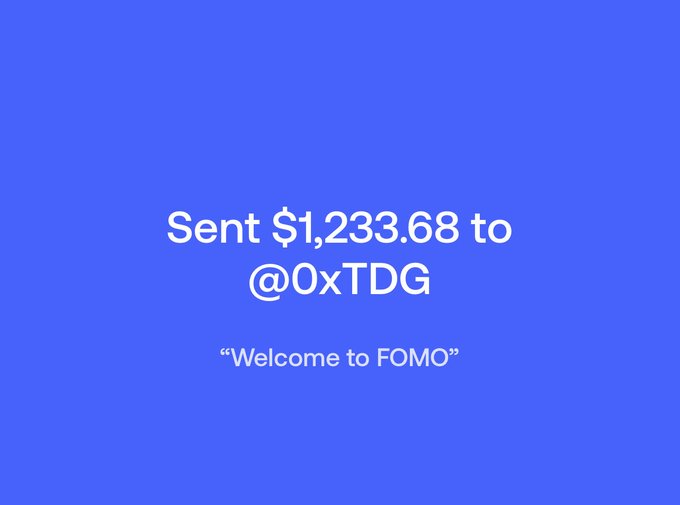 The image shows a transaction notification stating "Sent $1,233.68 to @0xTDG" with the message "Welcome to FOMO" displayed on a blue background. This serves as proof of payment accompanying the post, which announces a $1,234 tip sent to @0xTDG (FOMO) with encouragement to follow memecoin caller @serenaonchain.