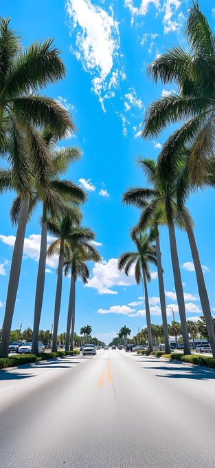 iced palm trees line a two-lane road, with cars parked along the sides and a clear blue sky overhead.