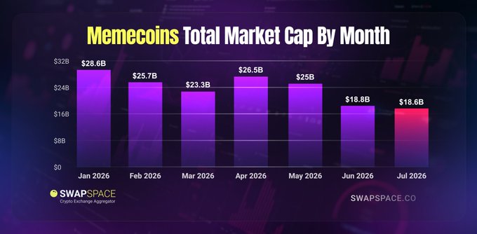 A bar chart titled 'Memecoins Total Market Cap By Month' shows values declining from $28.6B in Jan 2026 to $18.6B in Jul 2026, branded with 'SWAPSPACE Crypto Exchange Aggregator' and 'SWAPSPACE.CO'.