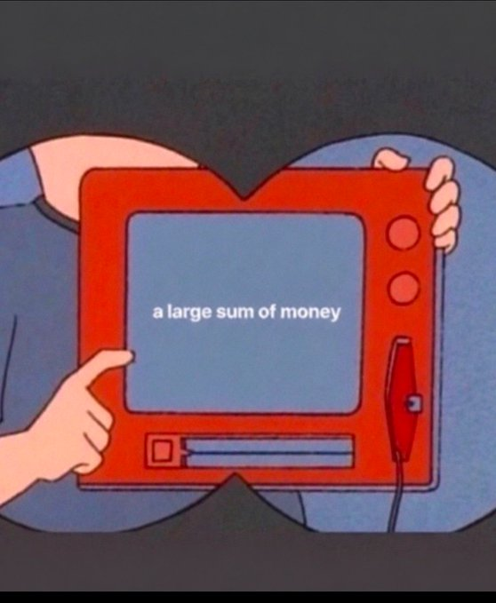 The image shows a red device with a screen displaying "a large sum of money," being held and pointed at by two hands. It humorously visualizes the post's message "you're close to receiving:" by suggesting a large payout is just within reach.