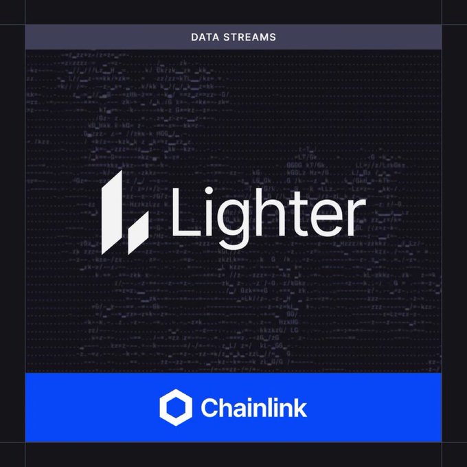 A promotional graphic with the 'Lighter' logo over a dark code background, 'DATA STREAMS' header, and 'Chainlink' branding at the bottom in blue.
