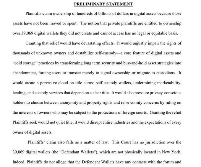 The image shows a legal preliminary statement from an amicus brief filed by The Digital Chamber, referencing 39,069 digital wallets and concerns about property rights in digital assets, which aligns with the post about urging dismissal of a New York lawsuit seeking ownership of 3.8 Bitcoin to protect self-custodial wallet users from a dangerous precedent.