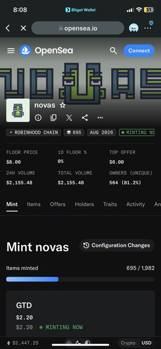A mobile browser view of opensea.io shows the 'novas' NFT collection on the Robinhood Chain, indicating it is currently 'MINTING NOW' with 695/1,982 minted.