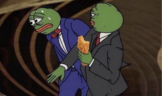 An edited cartoon image of Pepe the Frog dressed in suits, sweating nervously while another suited frog behind him holds a piece of fried chicken, set against a swirling background.