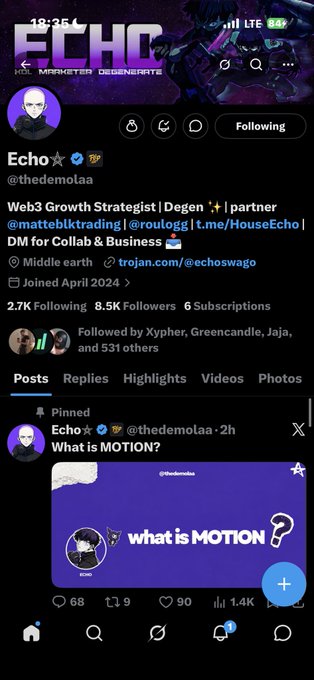 A mobile screenshot of a Twitter/X profile for 'Echo' (@thedemolaa), a Web3 Growth Strategist, showing a pinned post asking 'What is MOTION?'