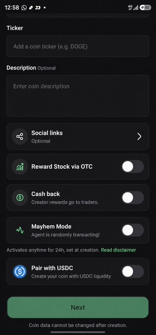 A mobile app screen for creating a coin, with fields for Ticker and Description, and toggle options for Social links, Reward Stock via OTC, Cash back, Mayhem Mode, and Pair with USDC.