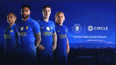A promotional image featuring four Chelsea Football Club players in blue jerseys alongside the 'CIRCLE' logo and text reading 'OFFICIAL FRONT-OF-SHIRT PARTNER' against a blue background.