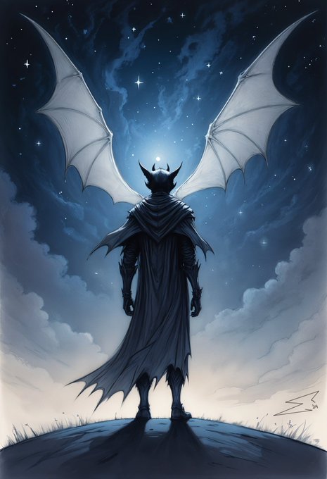 An illustration of a winged, cloaked figure with horns stands silhouetted against a starry night sky, gazing upward toward a glowing moon.
