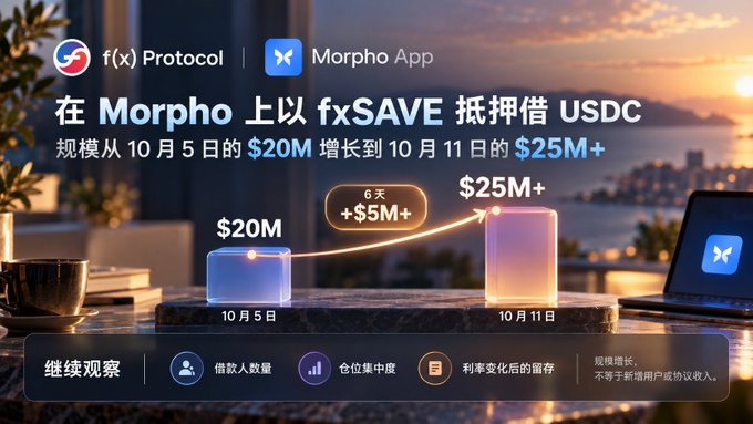 A Chinese-language promotional graphic for f(x) Protocol and Morpho App showing USDC borrowing against fxSAVE growing from $20M on Oct 5 to $25M+ on Oct 11, a +$5M+ increase over 6 days.