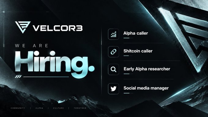 A dark, futuristic recruitment graphic for “VELCOR3” reads “WE ARE Hiring.” It lists four unpaid roles: Alpha caller, Shitcoin caller, Early Alpha researcher, and Social Media Manager, matching the post’s call for applicants to DM with work proof.