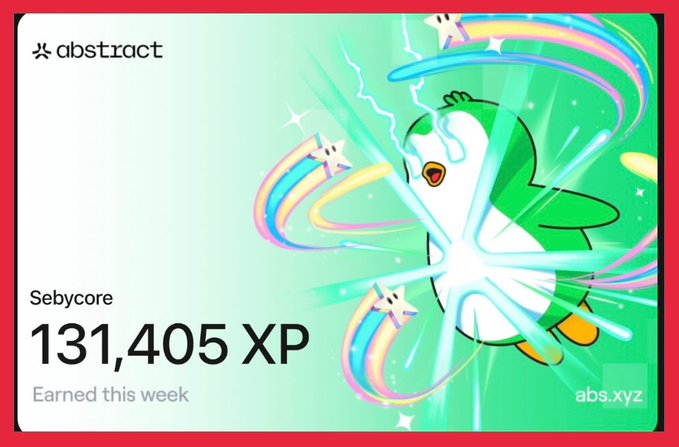 An Abstract wallet banner celebrating user "Sebycore" with 131,405 XP earned this week, featuring colorful cartoon birds with star faces firing rainbow beams.