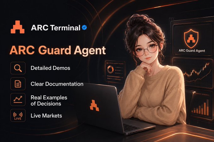 An advertisement for 'ARC Terminal' and 'ARC Guard Agent' featuring an illustrated woman with glasses using a laptop, listing features: Detailed Demos, Clear Documentation, Real Examples of Decisions, and Live Markets.