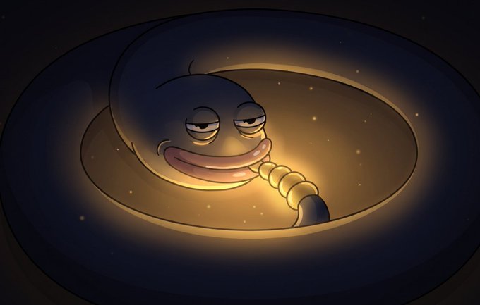 Digital artwork of a blue, cartoonish creature with a wide smile resting in a glowing, nest-like cavity.