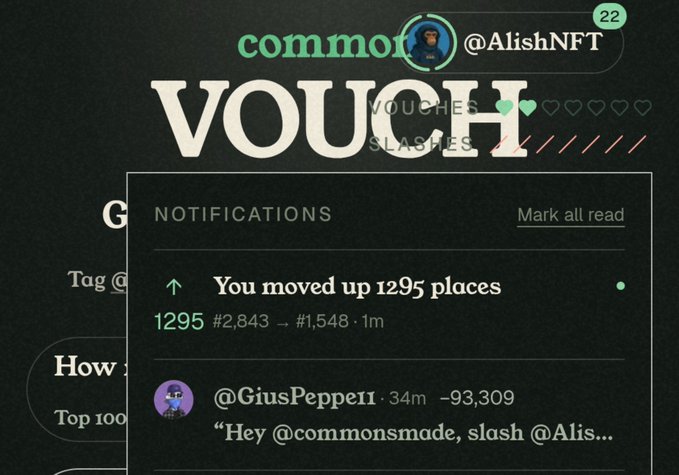 Screenshot of a crypto/NFT platform showing the user @AlishNFT with notifications indicating 'You moved up 1295 places' and a follower activity message from @GiusPeppeII.