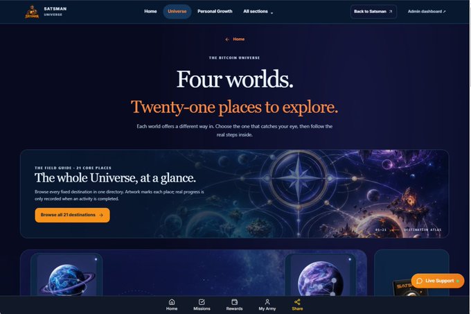 Screenshot of the 'Satsman Universe' website showing a Bitcoin Universe section titled 'Four worlds. Twenty-one places to explore.' with a 'Browse all 23 destinations' button.