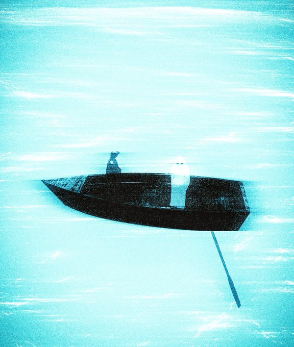 A solitary boat drifts on calm, cyan-blue waters, carrying two small figures—one appearing as a ghost-like white shape—at its bow and stern. The image evokes a sense of isolation and uncertainty, mirroring the post's message about facing a long, open journey ahead.