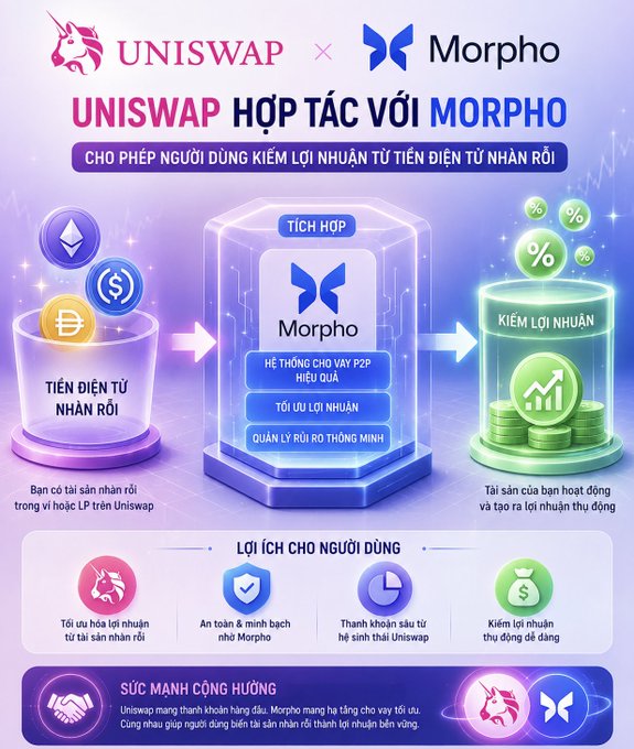 Vietnamese-language infographic announcing a Uniswap and Morpho partnership ('UNISWAP HỢP TÁC VỚI MORPHO') that allows users to earn profit from idle cryptocurrency via a peer-to-peer lending system, with icons highlighting benefits like security and fast settlement.