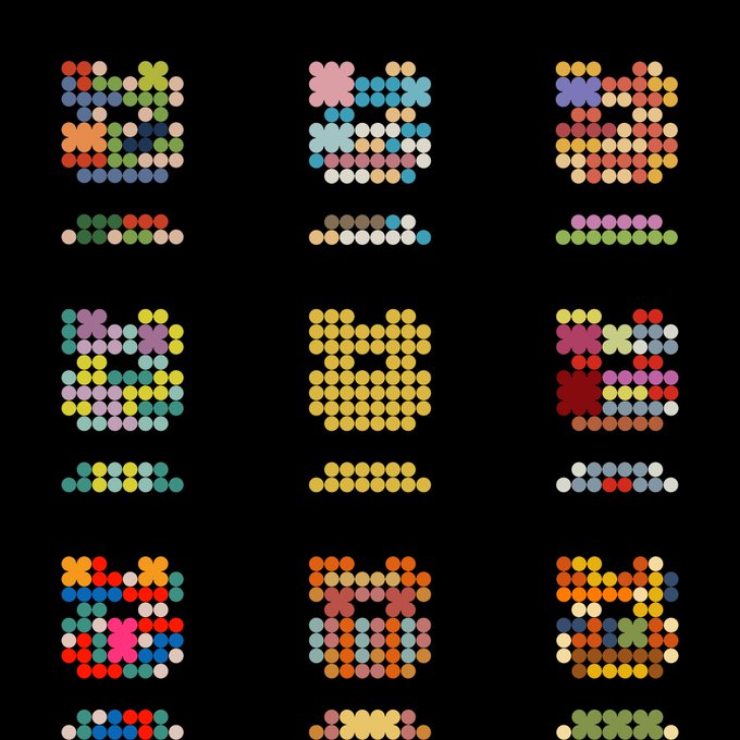 A black background displaying a 3x3 grid of colorful pixel-art letter designs, each accompanied by a row of matching colored dots below.