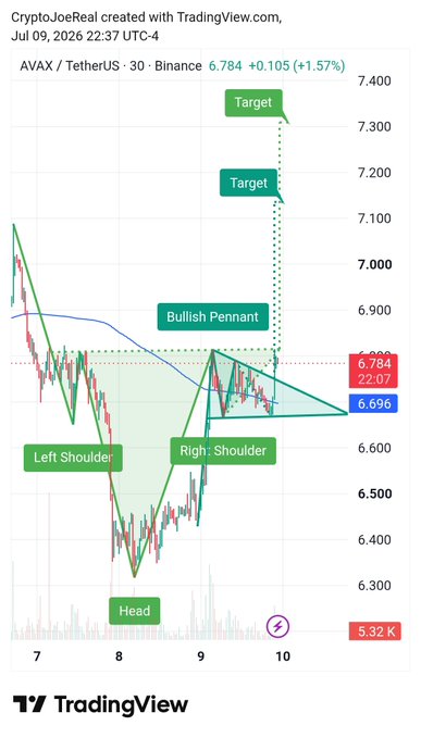 A TradingView chart for AVAX/TetherUS on Binance showing an inverse head and shoulders pattern with bullish pennant and target levels marked, dated Jul 09, 2026.