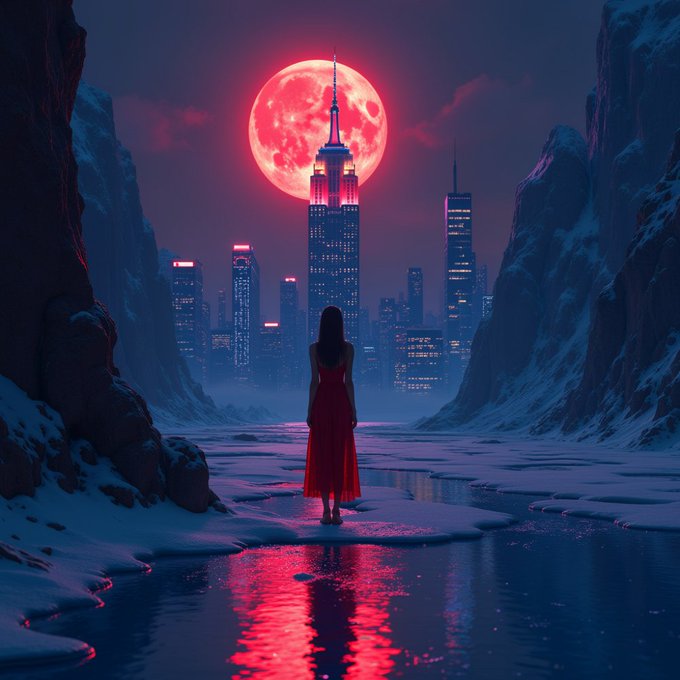 A woman in a red dress stands on a frozen lake, gazing at a futuristic city skyline beneath a giant red moon, with the scene reflected in icy water.