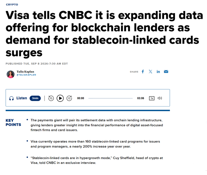 A CNBC article headline reading 'Visa tells CNBC it is expanding data offering for blockchain lenders as demand for stablecoin-linked cards surges,' published Sep 8, 2026.