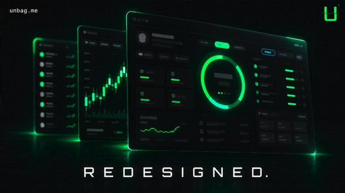 A promotional graphic from unbag.me showcasing a redesigned dashboard interface with glowing green UI elements and the word "REDESIGNED." prominently displayed.
