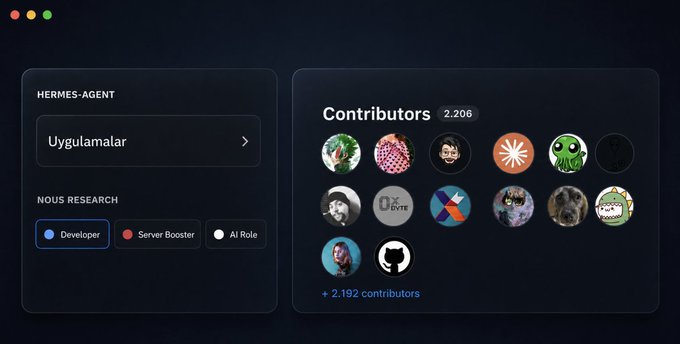 A dark-themed interface displays a "HERMES-AGENT" panel featuring a Turkish-language menu item "Uygulamalar" alongside the "NOUS RESEARCH" branding with three role options (Developer, Server Booster, AI Role), paired with a "Contributors" section showing 2,206 members and a link to 2,192 additional contributors, visually supporting the post's message about participation opportunities in Nous Research.