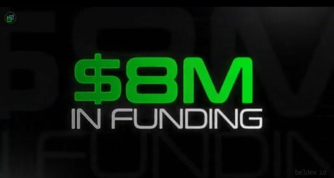 A bold graphic announcement displaying '$8M IN FUNDING' in bright green and silver text on a black background, with 'beldex.io' watermark.