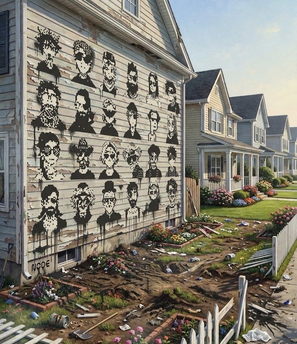 A weathered suburban house with black stenciled portrait murals painted on its wooden siding, surrounded by a messy yard and garden.