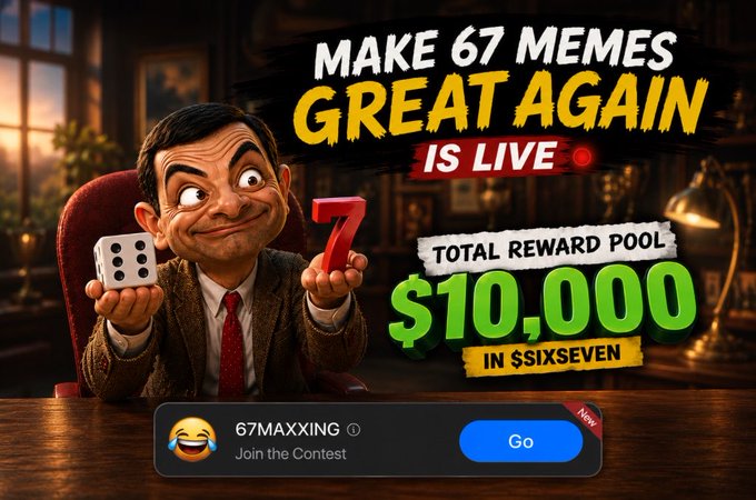 A promotional banner for a meme contest titled 'MAKE 67 MEMES GREAT AGAIN' featuring a $10,000 reward pool in $SIXSEVEN, showing a caricature man holding dice and the number 7, with a '67MAXXING' contest join button.