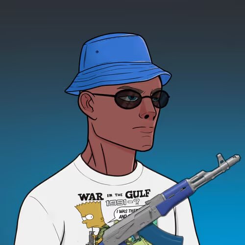 An animated illustration of a dark-skinned character wearing a blue bucket hat, sunglasses, and a t-shirt reading "WAR IN THE GULF 1991-2" with Bart Simpson, holding an AK-47 rifle.