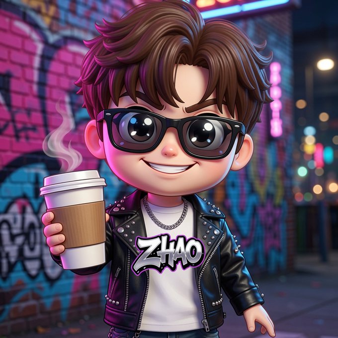 A 3D chibi-style cartoon character of a smiling boy with brown hair, glasses, and a black studded leather jacket holding a coffee cup, with the graffiti-style text 'ZHAO' on his shirt, set against a neon-lit urban backdrop.