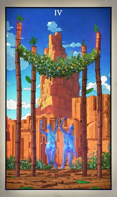 A tarot card illustration labeled 'IV' showing two translucent blue humanoid figures dancing joyfully between four wands decorated with greenery, set against a backdrop of ancient stone ruins under a blue sky.