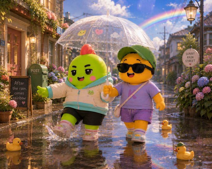 A whimsical 3D-style digital illustration shows two cute round characters walking with a clear umbrella on a wet street, with a rainbow in the background and the sign 'SUNNY RAIN STREET' visible.