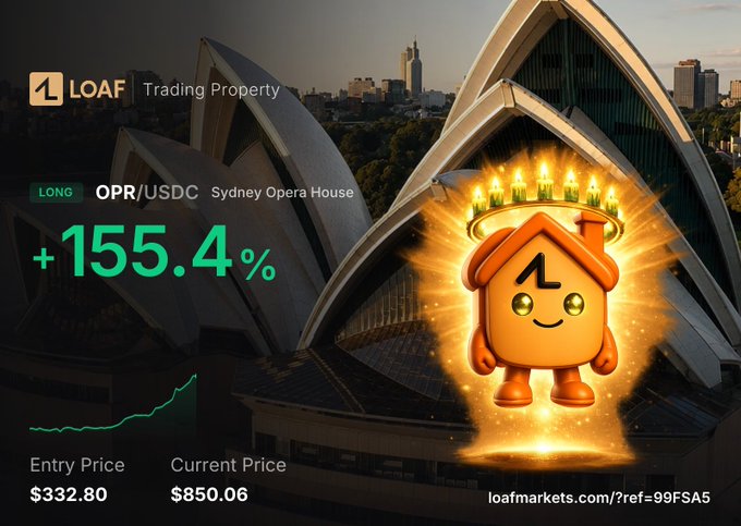 An advertisement for LOAF Trading Property featuring a cartoon character with candles on its head in front of the Sydney Opera House, advertising a LONG position on OPR/USDC with a +155.4% gain, entry price $332.80, and current price $850.06.