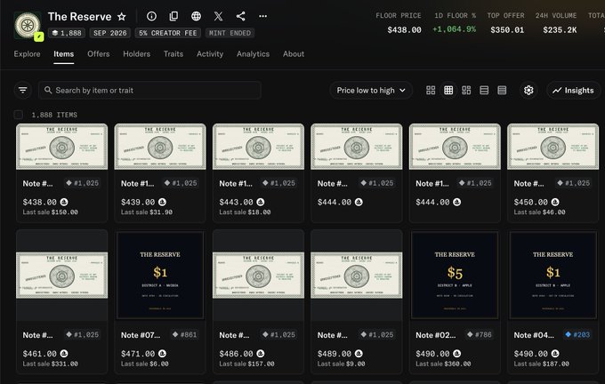The image shows a digital marketplace page for "The Reserve" featuring 1,888 items with various "Note" listings priced between $438 and $490, including token IDs like #1,025, #861, #796, and #283 with ETH values displayed. The post references "Quotrons," suggesting these Notes are part of that collectible series the user acquired from The Reserve_rh marketplace.