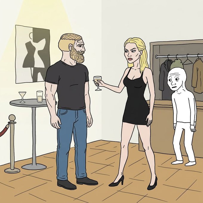 A cartoon illustration showing a bearded man in a black shirt talking to a blonde woman in a black dress holding a cocktail, while a pale, awkward-looking figure stands awkwardly in the background.